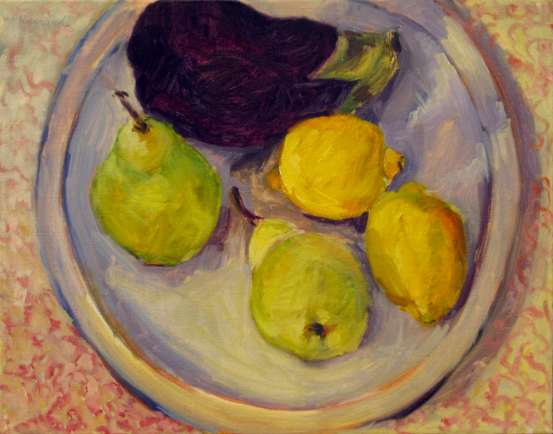 Aubergine with Pears and Lemons on Pink Cloth